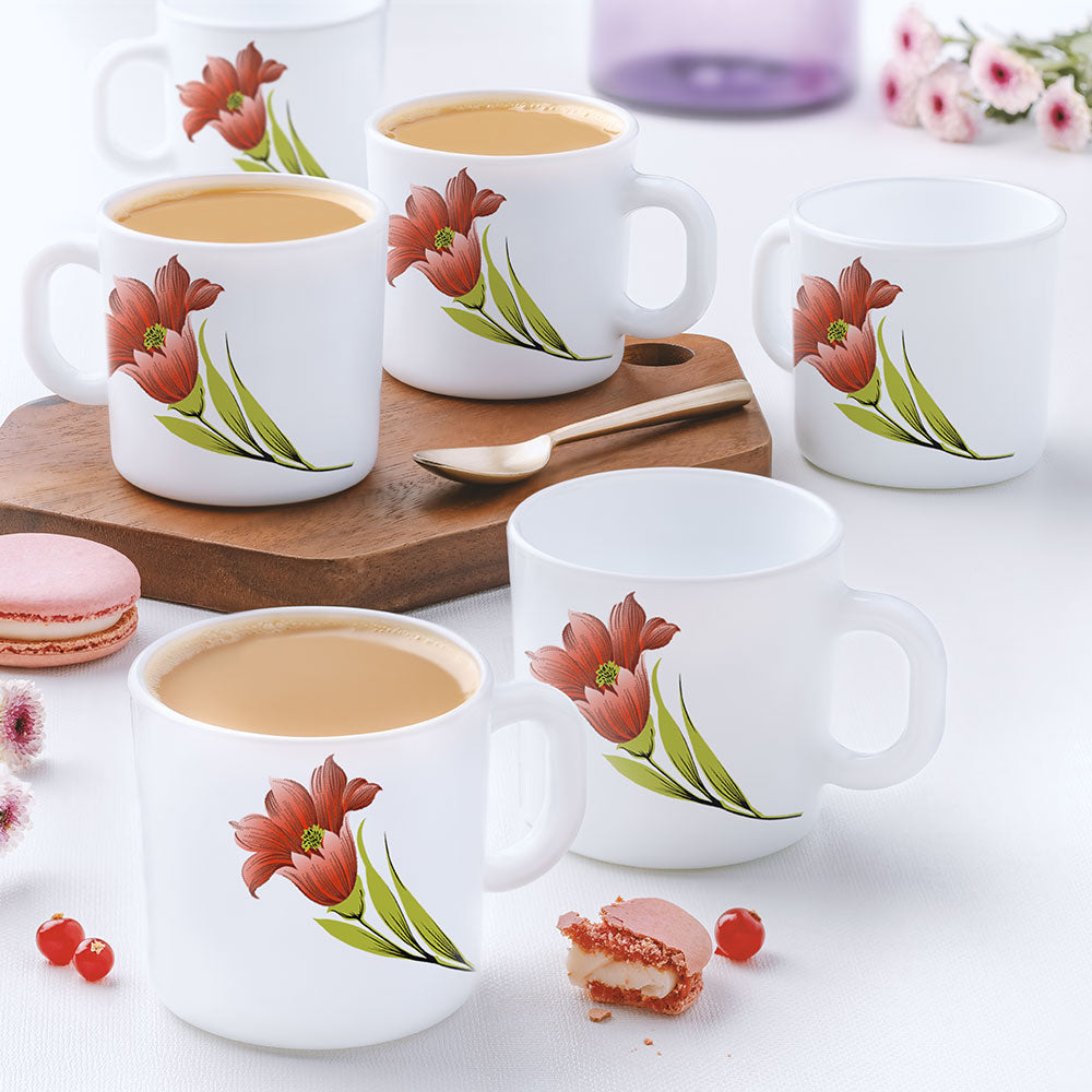 Larah by Borosil Red Iris Mug Set, 180ml x 12
