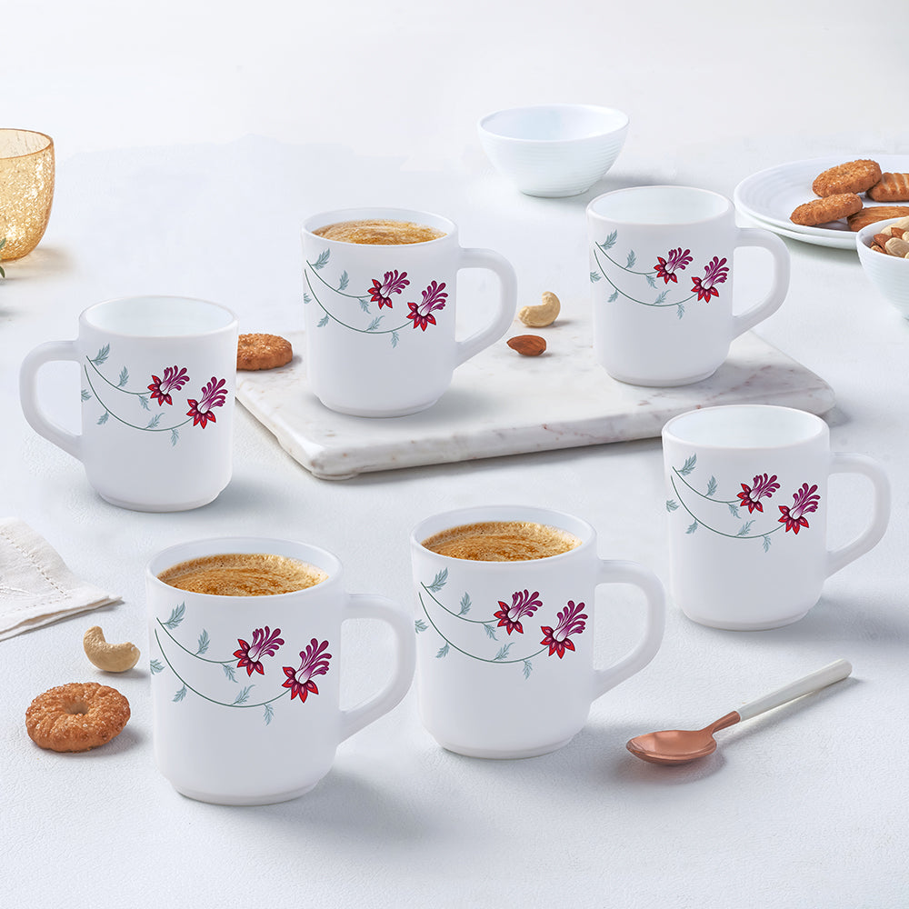 Larah by Borosil Flower Pot Mug Set, 240ml x 6