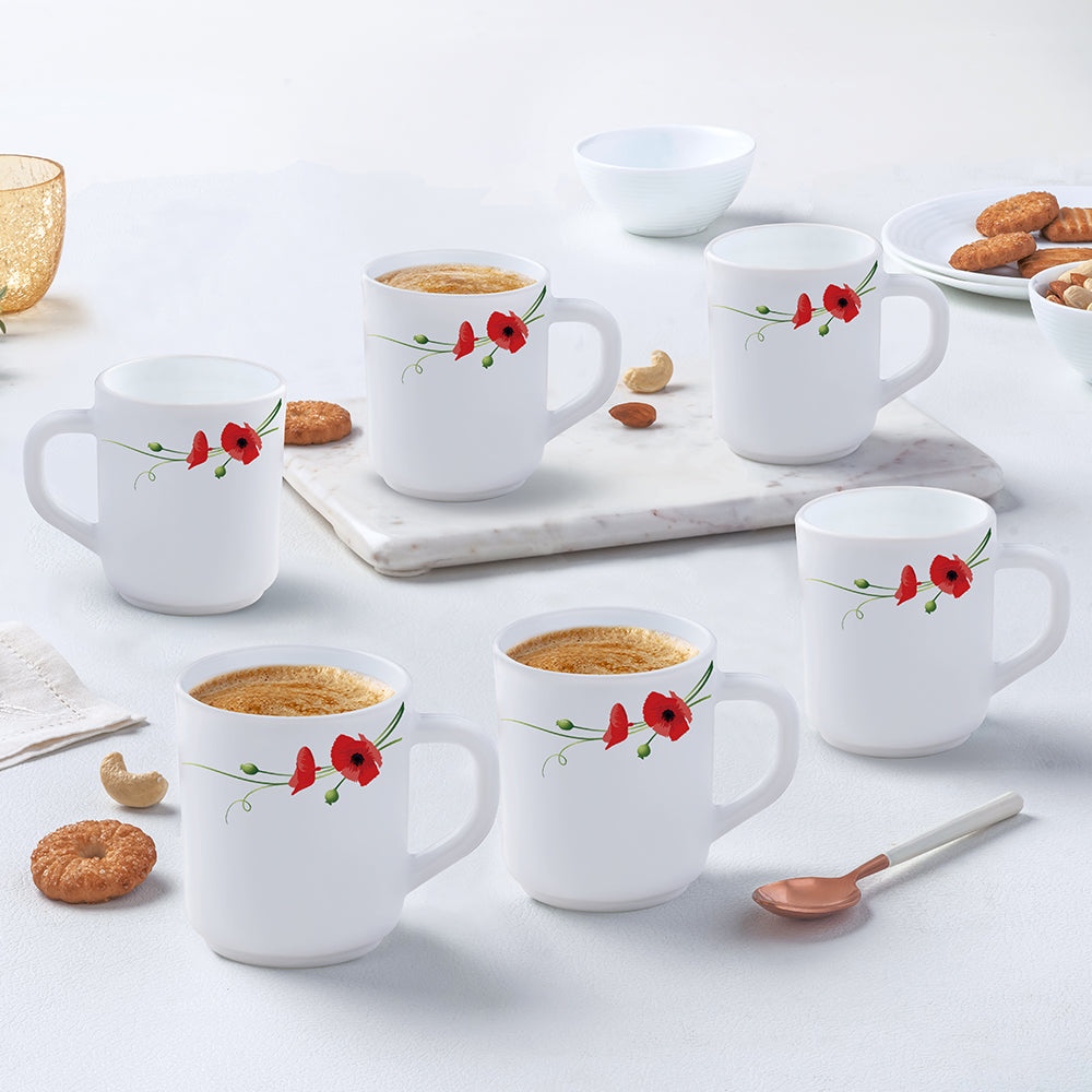 Larah by Borosil Red Carnation Mug Set, 240ml x 6