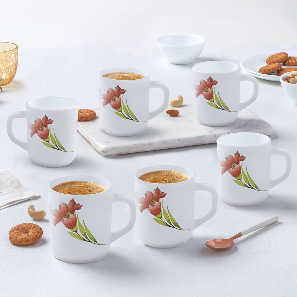 Larah by Borosil Red Iris Mug Set, 240ml x 6